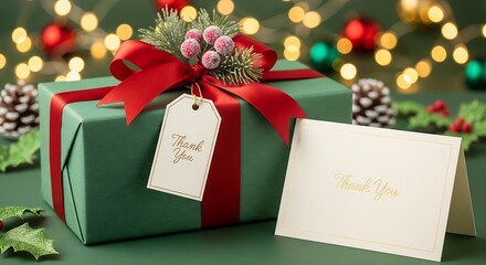 Elegant Christmas gift box with ribbon, thank you card, garland and winter decor in the background, perfect for advertising, branding and seasonal marketing projects.