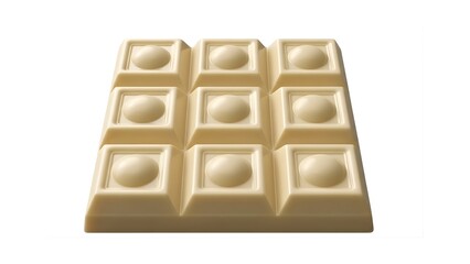 A solid bar of white chocolate with nine square segments and raised oval patterns, isolated on white background