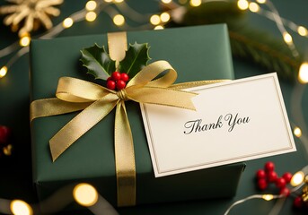 Elegant Christmas gift box with ribbon, thank you card, garland and winter decor in the background, perfect for advertising, branding and seasonal marketing projects.