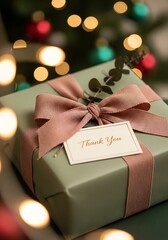Elegant Christmas gift box with ribbon, thank you card, garland and winter decor in the background, perfect for advertising, branding and seasonal marketing projects.