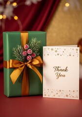 Elegant Christmas gift box with ribbon, thank you card, garland and winter decor in the background, perfect for advertising, branding and seasonal marketing projects.