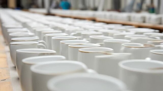 Rows of white ceramic cups arranged on a table in a workshop setting during daytime