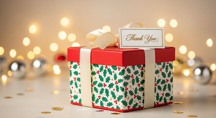 Elegant Christmas gift box with ribbon, thank you card, garland and winter decor in the background, perfect for advertising, branding and seasonal marketing projects.