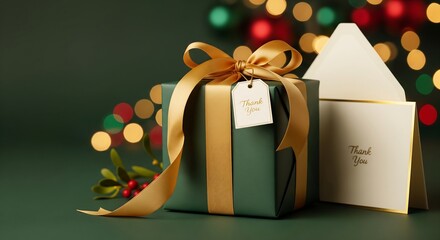 Elegant Christmas gift box with ribbon, thank you card, garland and winter decor in the background, perfect for advertising, branding and seasonal marketing projects.
