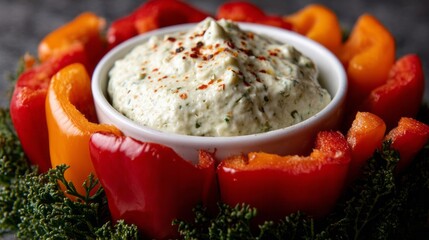 Creamy dip crowned with vibrant peppers conjures gourmet fiestas, Earth Day, vibrant solstice gatherings, kale whispering secrets below