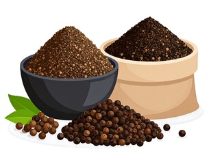 Spice display, peppercorns, powder