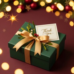Elegant Christmas gift box with ribbon, thank you card, garland and winter decor in the background, perfect for advertising, branding and seasonal marketing projects.