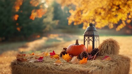 A vivid autumnal scene featuring a lantern, pumpkins, and autumn leaves on a hay bale. The lantern, with its ornate metal design, holds a lit candle.