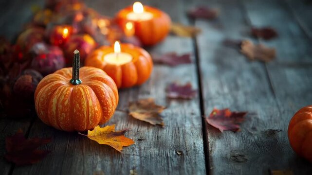 A closeup shot of a wooden table adorned with autumnal decorations and candles. The main subject is a vibrant orange pumpkin with a green stem, surrounded by smaller pumpkins and autumn leaves.