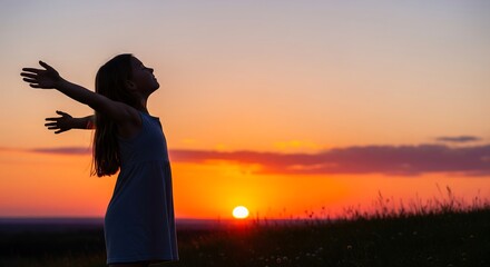 A young woman stands in a field at sunset with arms outstretched, embodying freedom and joy. This inspiring shot is perfect for wellness ads, travel blogs, or motivation projects.