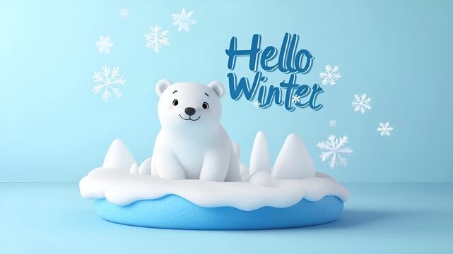 3D polar bear figurine on snowcovered ice floe with Hello Winter text and snowflakes on blue background.