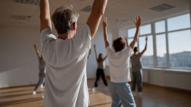 Sunlit yoga class, diverse group of seniors stretch, embracing SilverSneakers vitality, celebrating National Senior Health & Fitness Day - Powered by Adobe