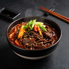 Spicy black noodles in bowl