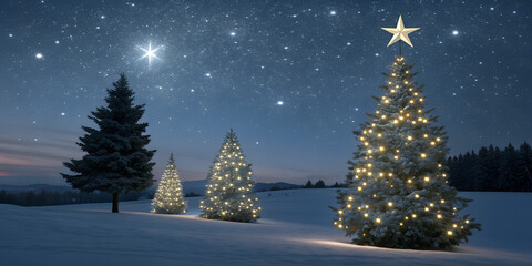 Christmas Trees Star Sky. Three Christmas trees standing in snow field decorated with white stars, night sky with many small stars and one large bright star.
