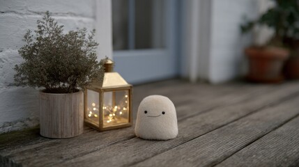 Charming plush ghost smiles beside a twinkling lantern, embodying cozy Halloween spirits and whimsical indoor camping vibes