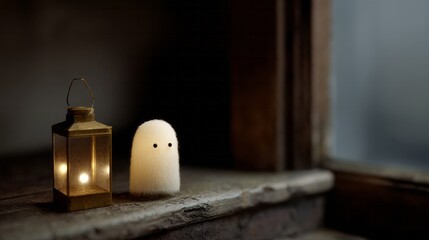 A whimsical fuzzy ghost nestles beside a vintage lantern, evoking Samhain warmth and cozy specters of Diwali nights