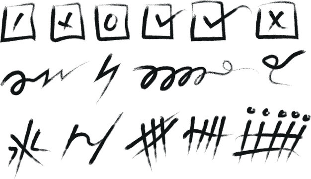 Ancient symbolic markings and tally marks on white background