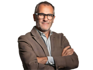 Mature man with beard wearing brown jacket, arms crossed