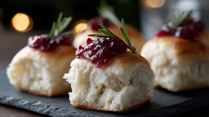 Fluffy dinner rolls with cranberry relish and rosemary, perfect for Friendsgiving feasts or Yule celebrations, evoke festive warmth
