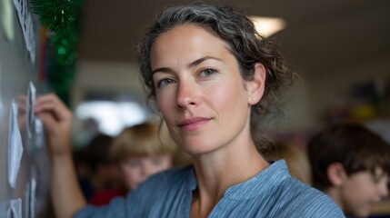 A thoughtful Caucasian woman in a serene classroom, epitome of wisdom, celebrating World Teachers' Day and lifelong learning