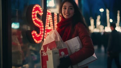 Holiday shopping season. Retail business promotion concept. A woman in a red coat holding shopping bags in front of a window with a SALE sign.