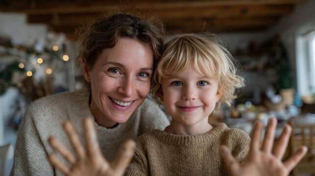 European mother and son in cozy sweaters, smiles aglow with hygge warmth, celebrating an impromptu mud-pie Gloggfest
