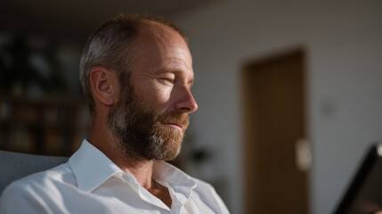 Pensive Caucasian man in tranquil sunlight, meditative pause, embodying Hygge philosophy, World Sleep Day whispering, serene introspection