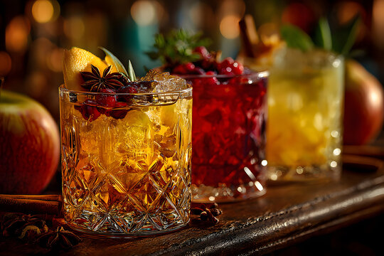 Autumn drinks with maple syrup strong cocktails and non alcoholic apple cider mocktails featuring liqueurs and spices set against a dark wooden backdrop