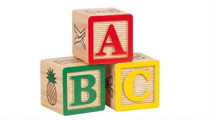 Three colorful wooden alphabet blocks displaying the letters A B C for children's early learning, isolated on white background