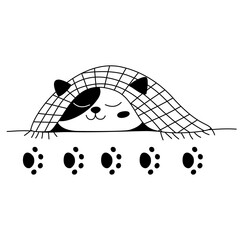 Cute cat kitten sleeping under plaid blanket. Doodle cartoon hand drawn vector outline illustration isolated on white background