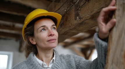 ``` Inspecting the rustic timbers, a thoughtful Caucasian woman in a hard hat celebrates National Engineering Day and Timbertown Festival```