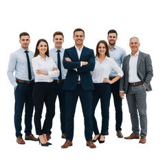 Diverse Team of Seven Professionals in Business Attire Poses Against White Background &mdash; Navy Suit Leader, Coordinated Shirts and Suits, Confident Stances &mdash; Showcasing Inclusive Leadership, Experience,