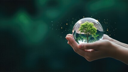 Hands holding a crystal globe with a vibrant green tree inside, symbolizing environmental protection and sustainability for Earth Day celebration and awareness