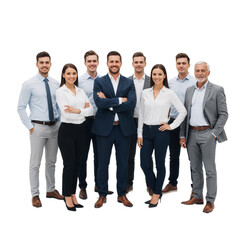 Diverse Team of Seven Professionals in Business Attire Poses Against White Background &mdash; Navy Suit Leader, Coordinated Shirts and Suits, Confident Stances &mdash; Showcasing Inclusive Leadership, Experience,