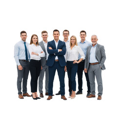 Diverse Team of Seven Professionals in Business Attire Poses Against White Background &mdash; Navy Suit Leader, Coordinated Shirts and Suits, Confident Stances &mdash; Showcasing Inclusive Leadership, Experience,