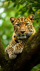 Naklejka premium Majestic Wild Leopard Portrait on Tree Branch in Green Jungle