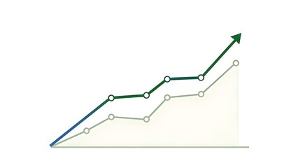 A green line graph showing an upward trend with data points and a rising arrow