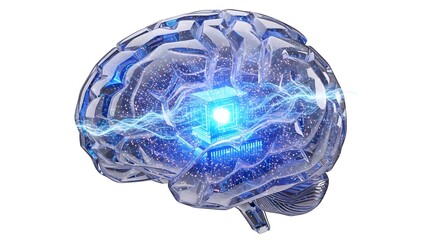 Futuristic Artificial Intelligence Brain with Glowing Blue Microchip Representing Digital Consciousness and Advanced Cognitive Computing Technology