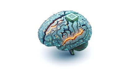 A futuristic brain with circuit boards and glowing orange lights on a white background