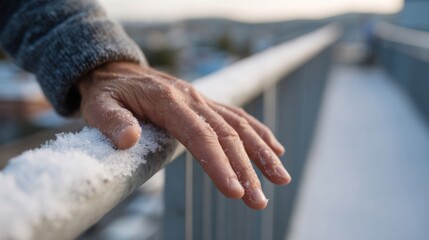A hand, possibly Caucasian male, grazing frost-kissed railing, echoes Winter Solstice contemplation and frosty haiku inspirations