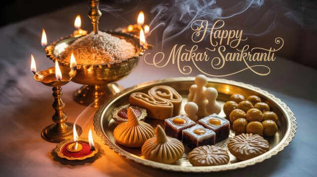 Top-down harvest platter with pithas, laddus, clay diyas and Happy Makar Sankranti greeting