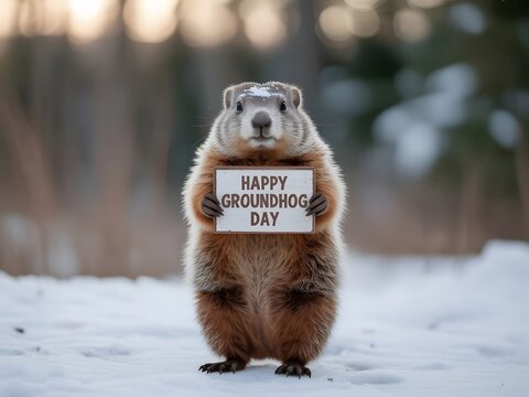 Adorable groundhog celebrating Happy Groundhog Day with sign in snow, winter holiday concept, wildlife humor, seasonal tradition image