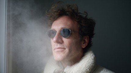 Fototapeta premium A contemplative Caucasian man in aviator sunglasses, surrounded by ethereal mist, embodies both Dia de Muertos solemnity and the quirky charm of National Bubble Wrap Appreciation Day