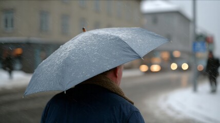Snow-dusted umbrella shelters a solitary figure, blending Nordic solitude with serene winter festivals, enhancing hygge's quiet magic