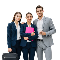 Three Professionals in Navy and Grey Suits Pose with Briefcase, Pink Notebook, and Coffee Cup Against White Background &mdash; Exuding Approachable Teamwork, Stylish Confidence, and Collaborative Energy Per