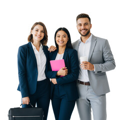 Three Professionals in Navy and Grey Suits Pose with Briefcase, Pink Notebook, and Coffee Cup Against White Background &mdash; Exuding Approachable Teamwork, Stylish Confidence, and Collaborative Energy Per