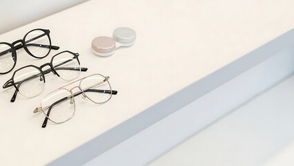 Collection of eyeglasses on white surface