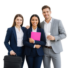 Three Professionals in Navy and Grey Suits Pose with Briefcase, Pink Notebook, and Coffee Cup Against White Background &mdash; Exuding Approachable Teamwork, Stylish Confidence, and Collaborative Energy Per