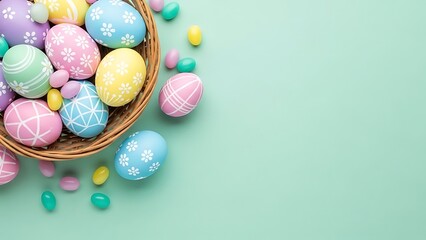Colorful easter eggs in a basket on green background