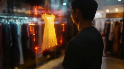 Holiday shopping season. Retail business promotion concept. A man in a black shirt is interacting with a digital interface with a glowing yellow dress.